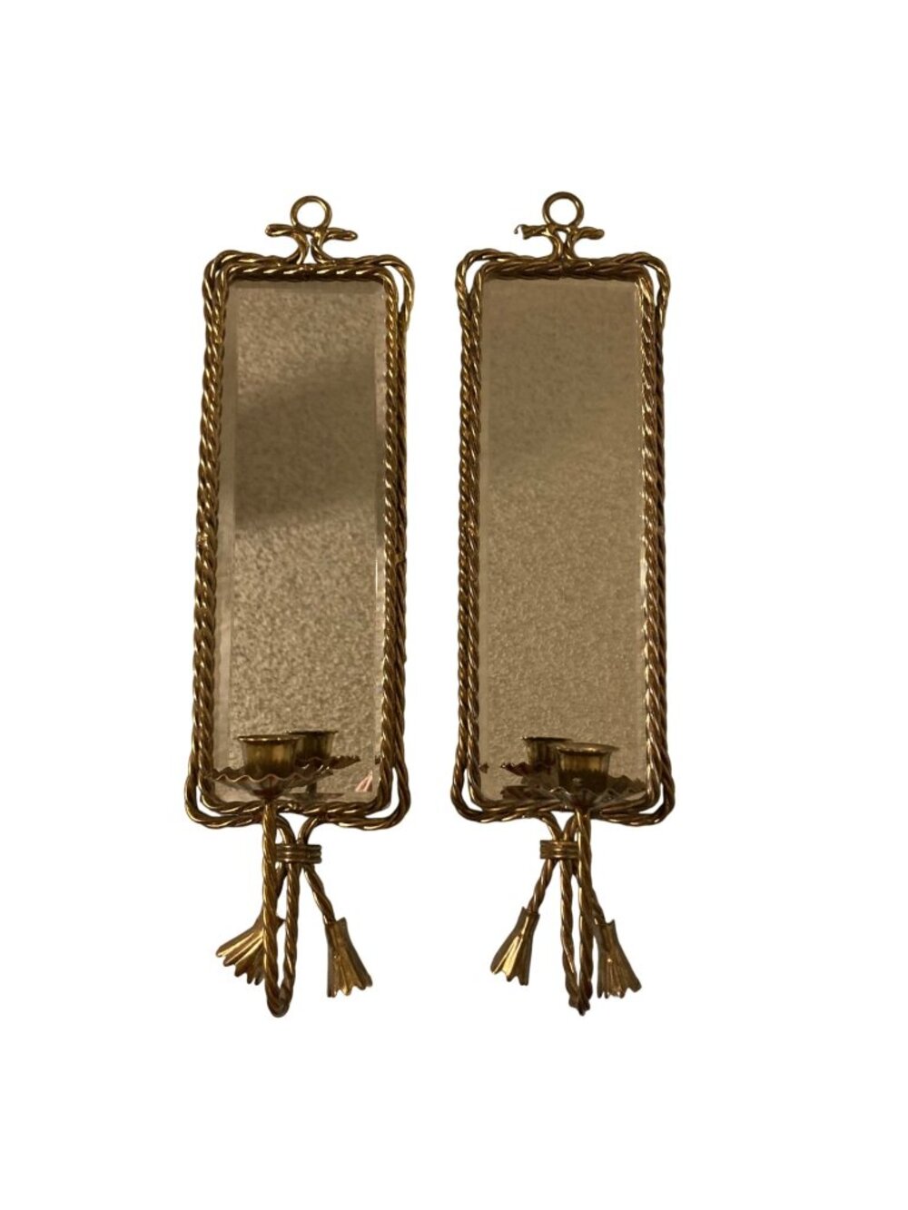 Vintage Hollywood Regency Gold Tone Twisted Rope Mirror Sconces Candle Holders